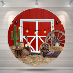 Lofaris Rodeo Red Wood Wall White Door Round Party Backdrop