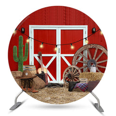 Lofaris Rodeo Red Wood Wall White Door Round Party Backdrop