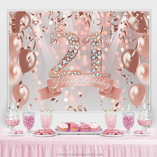 Lofaris Rose Gold Balloon Happy 21St Birthday Backdrop For Girl