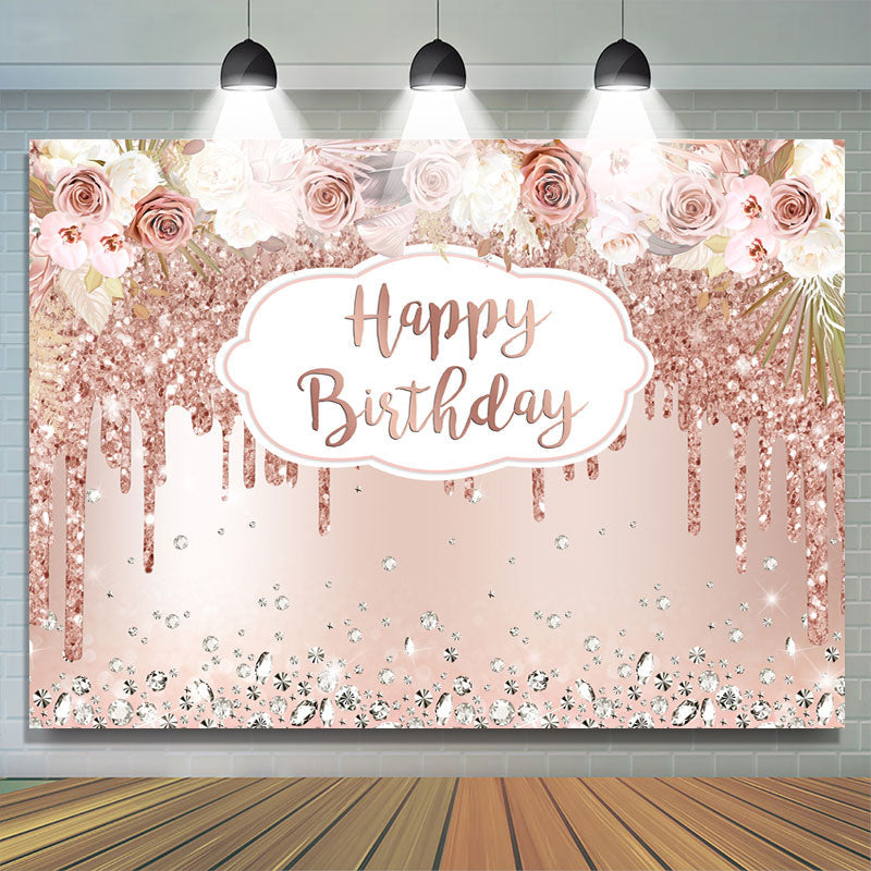 Lofaris Rose Gold Floral And Glitter Happy Birthday Backdrop