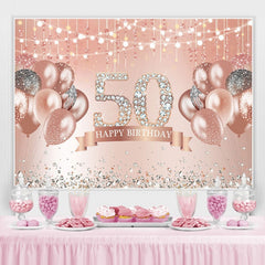 Lofaris Rose Gold Happy 50th Birthday Glitter Diamonds Balloons Backdrop