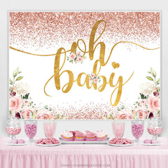 Lofaris Rose Golden Dots Glitter Floral Baby Shower Backdrop