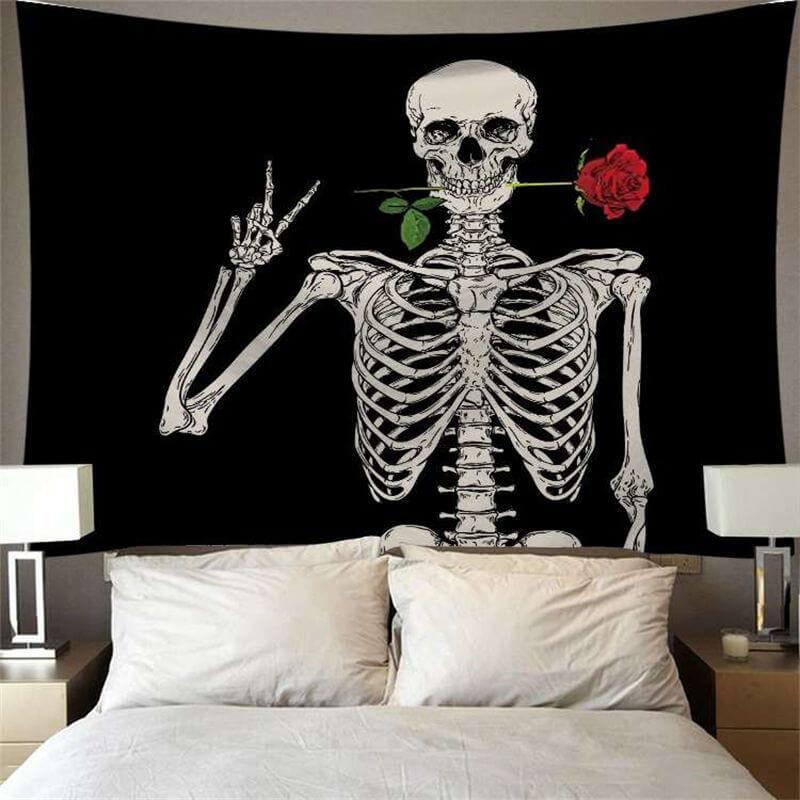 Lofaris Rose Skull Black And White Trippy Abstract Wall Tapestry