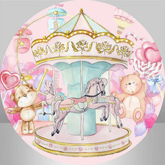 Lofaris Round And Pink Carousel With Teddy Birthday Backdrop