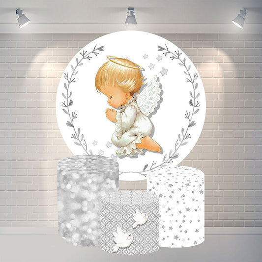 Lofaris Round Baby Grey Leaves Shower Backdrop For Party