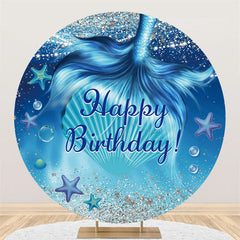 Lofaris Round Blue Ocean Mermaid Tail Happy Birthday Backdrop