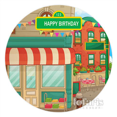 Lofaris Round Cartoon House Street Happy Birthday Backdrop