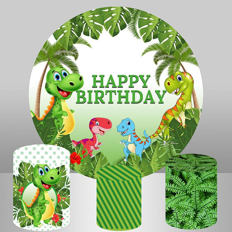 Lofaris Round Dinosaur And Green Leaves Happy Birthday Backdrop
