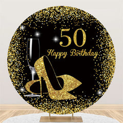 Lofaris Round Glitter Black Gold Happy 50Th Birthday Backdrop