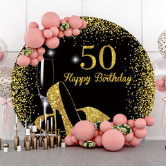 Lofaris Round Glitter Black Gold Happy 50Th Birthday Backdrop