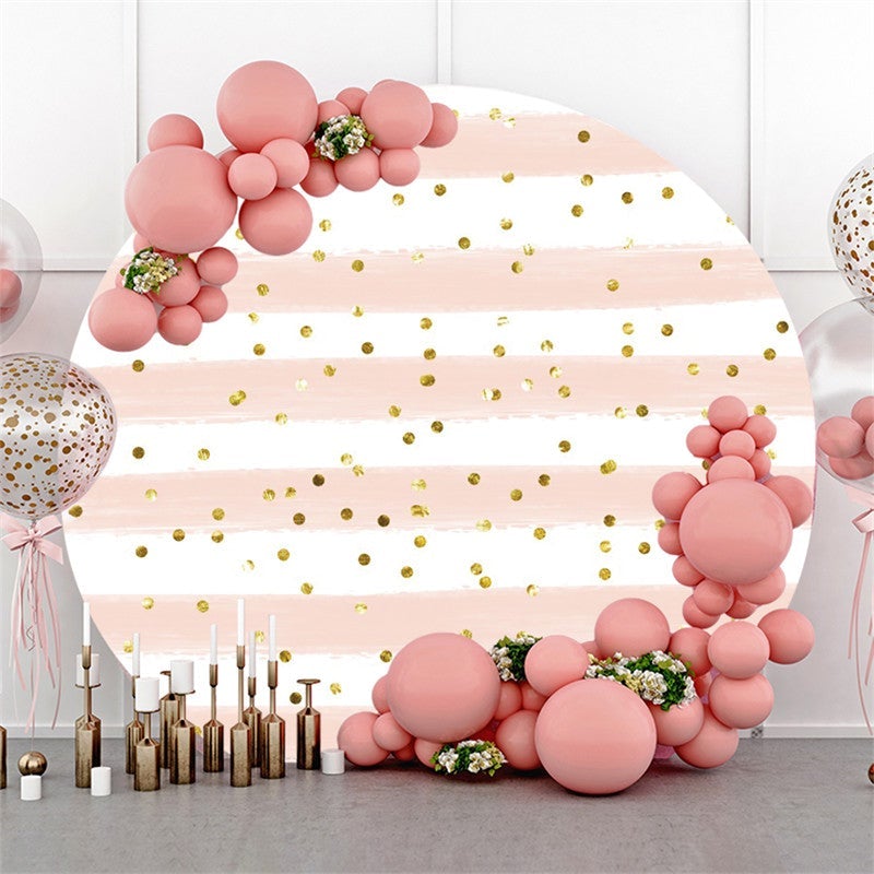 Lofaris Round Glitter Pink White Stripe Happy Birthday Backdrop