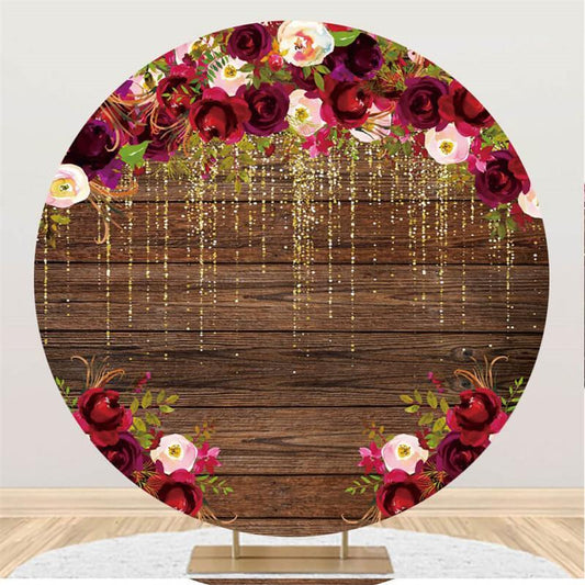 Lofaris Round Glitter Red Rose Wooden Happy Birthday Backdrop