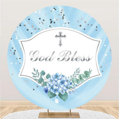 Lofaris Round God Bless Blue Floral Party Backdrop For Wedding