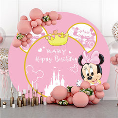 Lofaris Round Gold Crown Pink Cartoon Mouse Birthday Backdrop