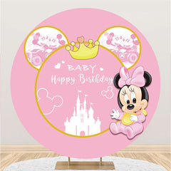 Lofaris Round Gold Crown Pink Cartoon Mouse Birthday Backdrop