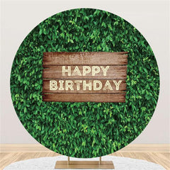 Lofaris Round Green Leaves Wooden Happy Birthday Backdrop