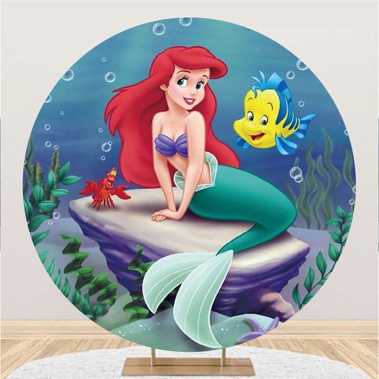 Lofaris Round Mermaid Underwater World Happy Birthday Backdrop