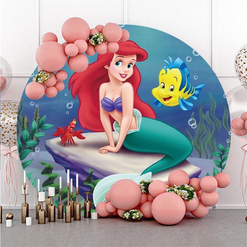 Lofaris Round Mermaid Underwater World Happy Birthday Backdrop