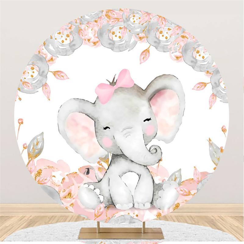Lofaris Round Pink And Grey Elephant Theme Baby Shower Backdrop