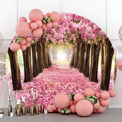 Lofaris Round Pink Flower And Trees Happy Birthday Backdrop