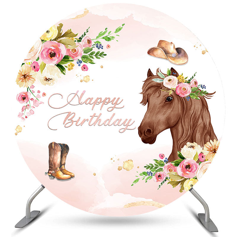 Lofaris Round Pink Flower With Horse Happy Birthday Backdrop