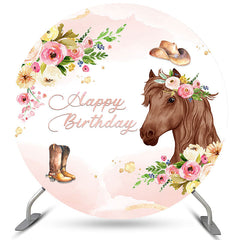 Lofaris Round Pink Flower With Horse Happy Birthday Backdrop