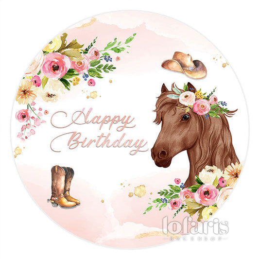 Lofaris Round Pink Flower With Horse Happy Birthday Backdrop