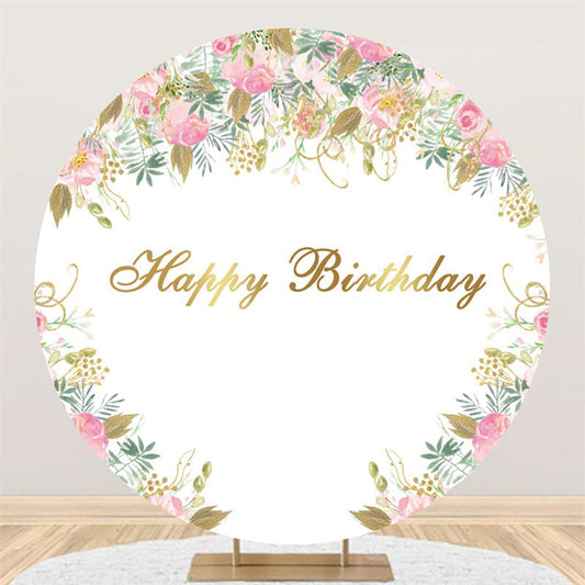 Lofaris Round Pink Flowers Golden Leaves Happy Birthday Backdrop