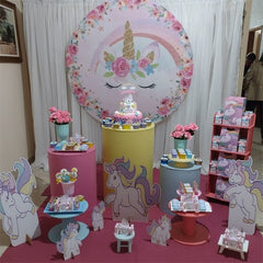 Lofaris Round Pink Flowers Unicorn Themed Baby Shower Backdrop