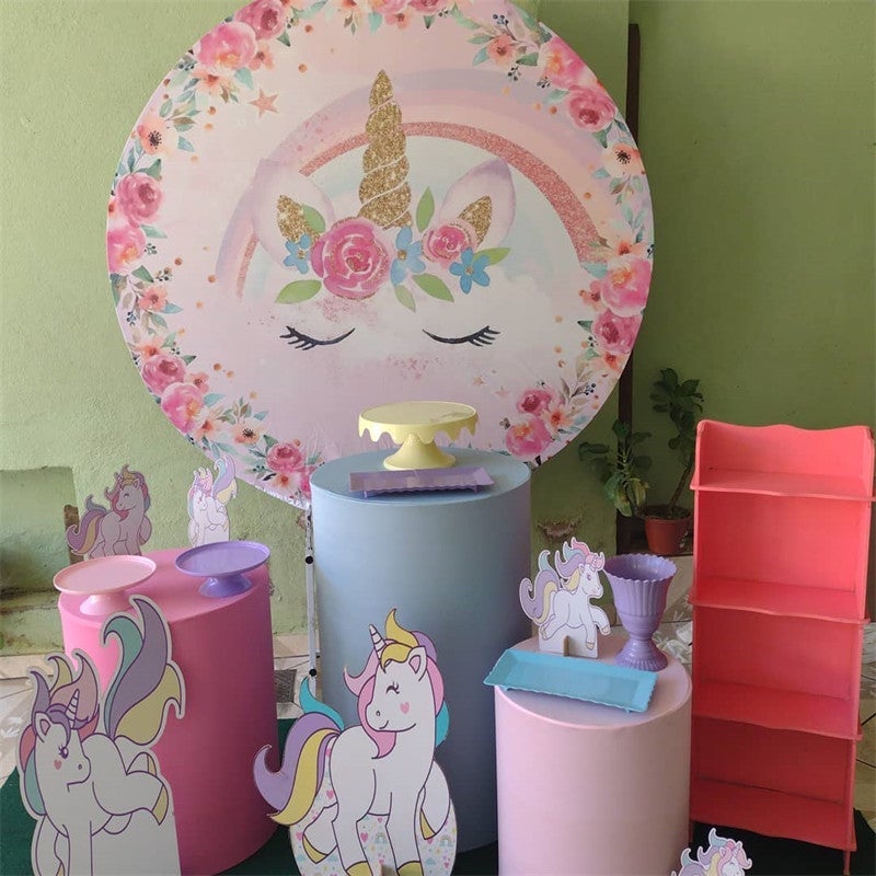 Lofaris Round Pink Flowers Unicorn Themed Baby Shower Backdrop