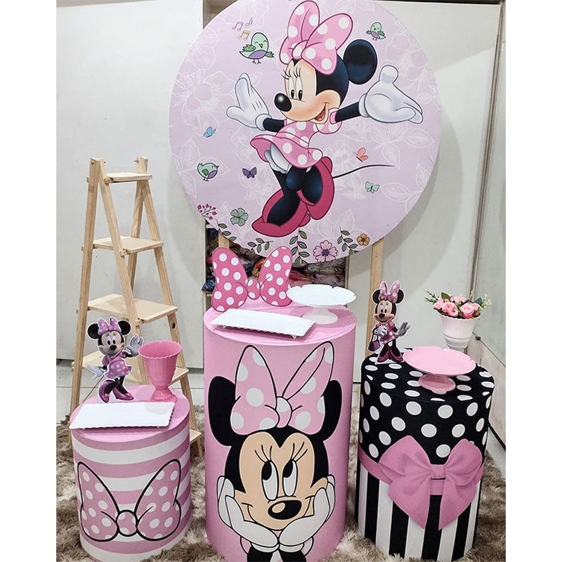 Lofaris Round Pink Lovely Minnie Theme Backdrop Kit For Girl