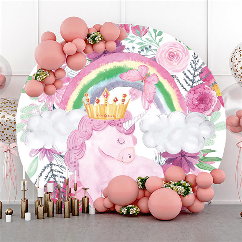 Lofaris Round Pink Unicorn Butterfly Happy Birthday Backdrop