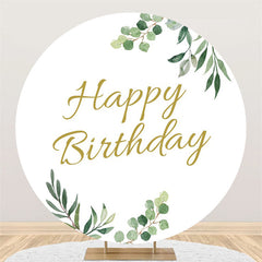 Lofaris Round Simple With Green Leaves Happy Birthday Backdrop
