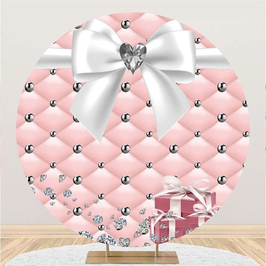 Lofaris Round Sweet Pink And White Diamond Big Bow Backdrop