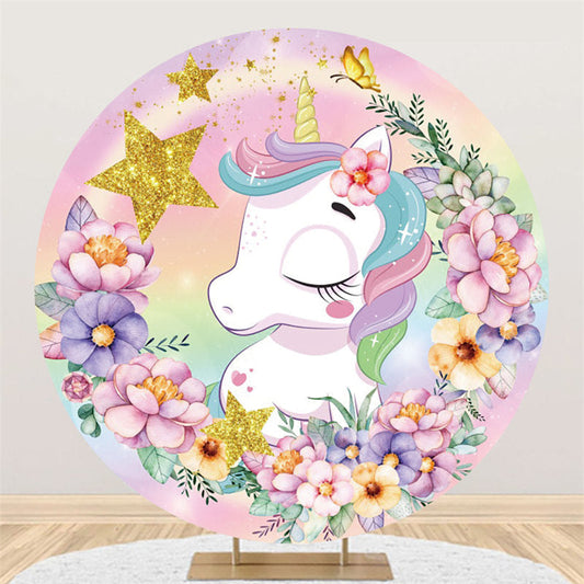 Lofaris Round Unicorn Flower Glitter Happy Birthday Backdrop