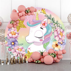Lofaris Round Unicorn Flower Glitter Happy Birthday Backdrop