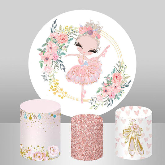 Lofaris Round White And Pink Floral Ballet Birthday Backdrop