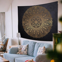 Lofaris Round Yellow Black Mandala Pattern Family Wall Tapestry