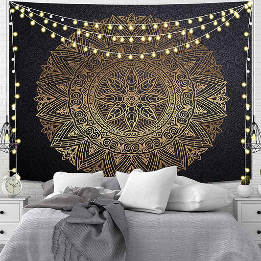 Lofaris Round Yellow Black Mandala Pattern Family Wall Tapestry