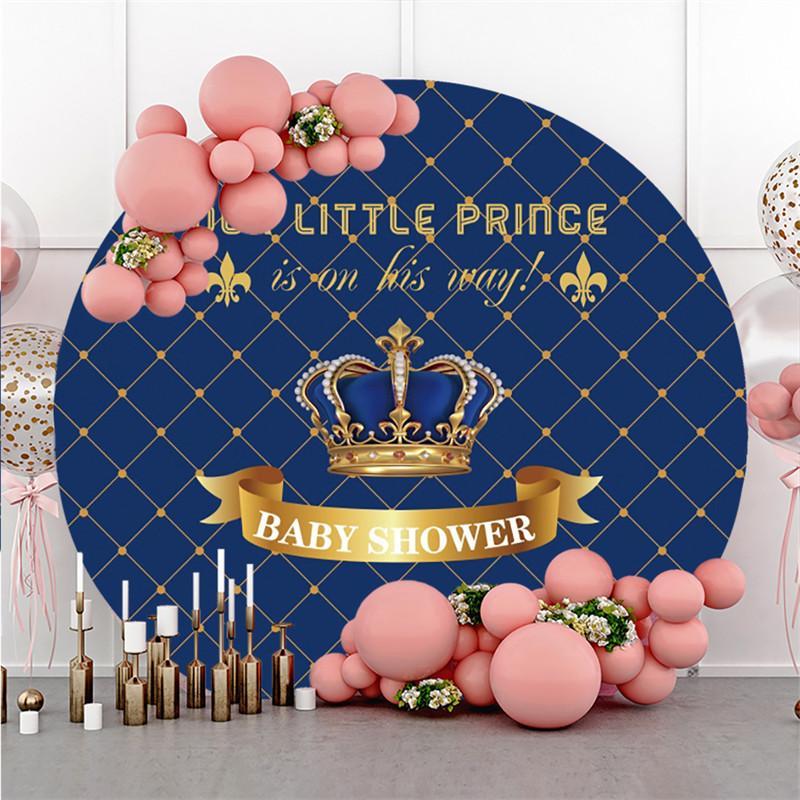 Lofaris Royal Blue And Golden Crown Baby Shower Round Backdrop