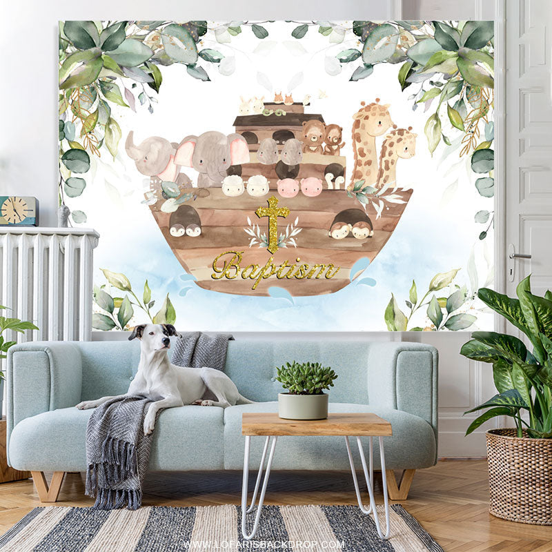 Lofaris Safari Boat With Leaves Cross Baptism Backdrop