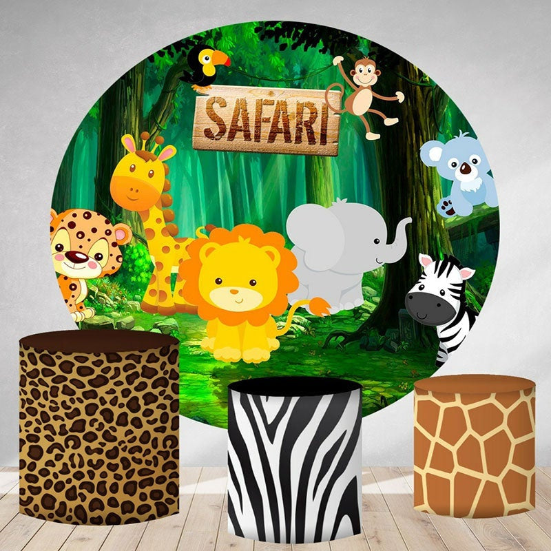 Lofaris Safari Forest Animals Round Happy Birthday Backdrop