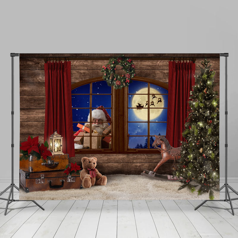 Lofaris Santa Claus With Gift Wood Window Moon Night Backdrop