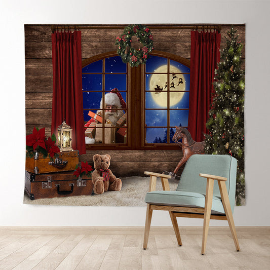 Lofaris Santa Claus With Gift Wood Window Moon Night Backdrop