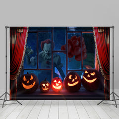 Lofaris Scary Pumpkin Window With Red Curtain Halloween Backdrop