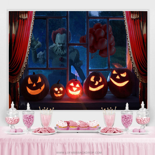 Lofaris Scary Pumpkin Window With Red Curtain Halloween Backdrop