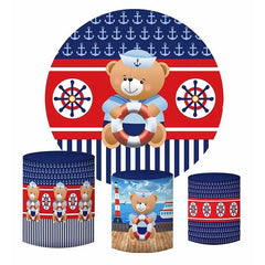 Lofaris Sea Blue And Red Teddy Bear Round Birthday Backdrop Kit