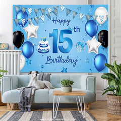 Lofaris Sea Blue Flags And Balloons Happy 15th Birthday Backdrop