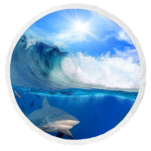 Lofaris Shark Sea Wave Rainbow Round Beach Blanket With Fringe