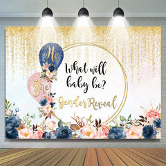 Lofaris She or He Golden Glitter Floral Baby Shower Backdrop